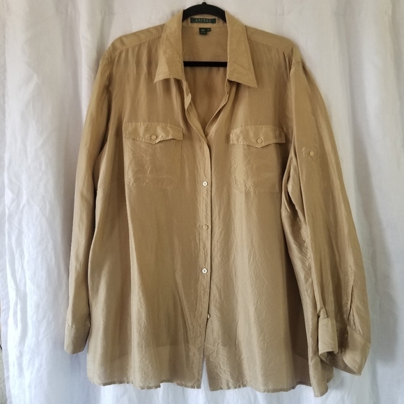 Lauren Ralph Lauren | 100% Silk Long Sleeve Button Down Shirt - Picture 1 of 7